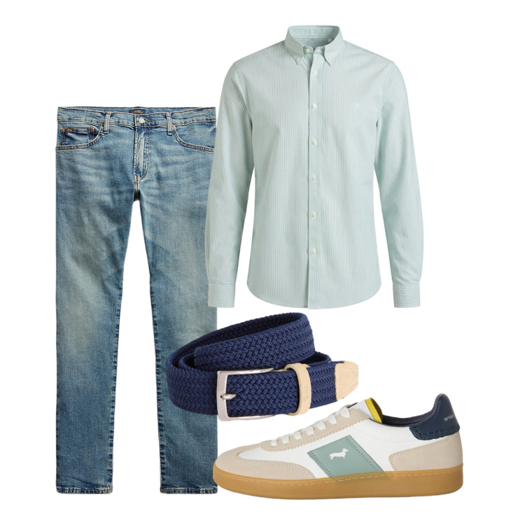 Outfit uomo - Giugno acquamarina. Stile Casual per Tutti i giorni. Abbinamento con cinture, camicie, sneakers, jeans.