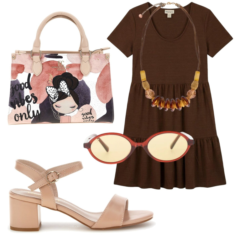 Outfit donna - I sandali dell\' estate \'26. Stile Trendy per Tutti i giorni. Abbinamento con vestiti, occhiali da sole, collane, sandali col tacco, borse a mano.