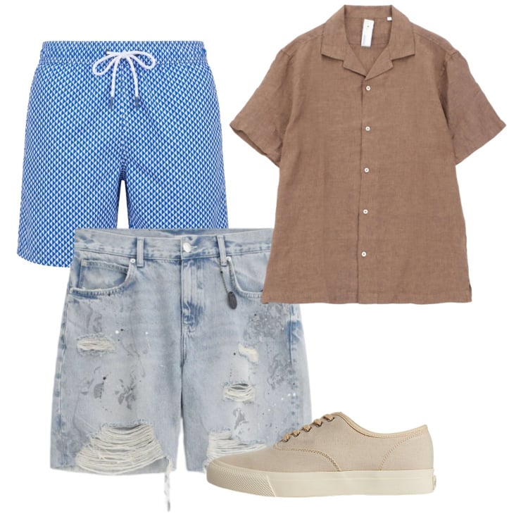 Outfit uomo - Giugno. Stile Casual per Tutti i giorni. Abbinamento con bermuda, camicie a manica corta, costumi, sneakers.