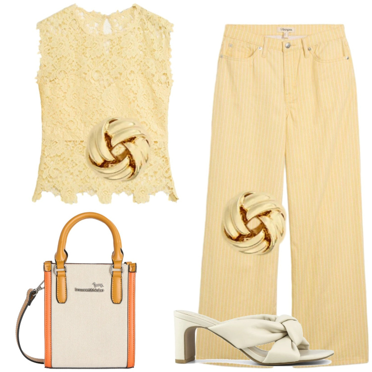 Outfit donna - Total look #2416027. Stile Casual chic per Tutti i giorni. Abbinamento con canottiere, pantaloni, borse tote, orecchini, sandali col tacco.