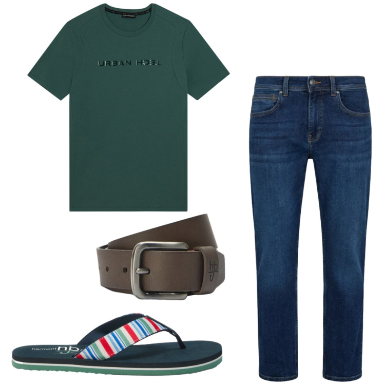 Outfit uomo - Total look #2416030. Stile Trendy per Tutti i giorni. Abbinamento con jeans dritti, sandali, cinture, t-shirt sportive.