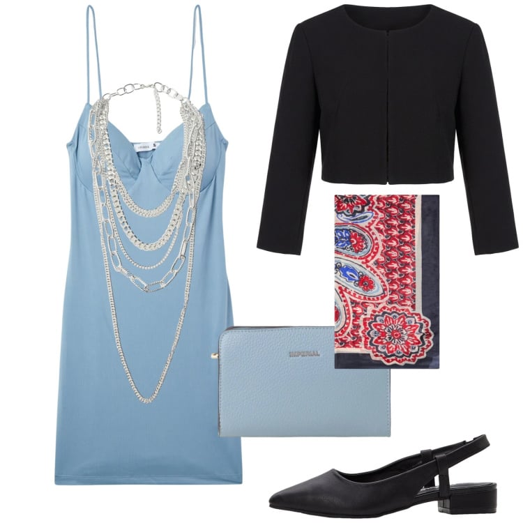 Outfit donna - A cena fuori. Stile Glamour per Serata fuori. Abbinamento con décolleté, vestiti corti, bolero, collane, borse a tracolla, foulard.