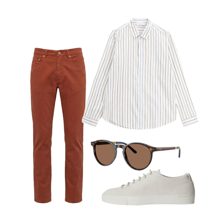 Outfit uomo - Giugno terracotta e righe. Stile Casual per Tutti i giorni. Abbinamento con camicie, pantaloni, occhiali da sole, sneakers.