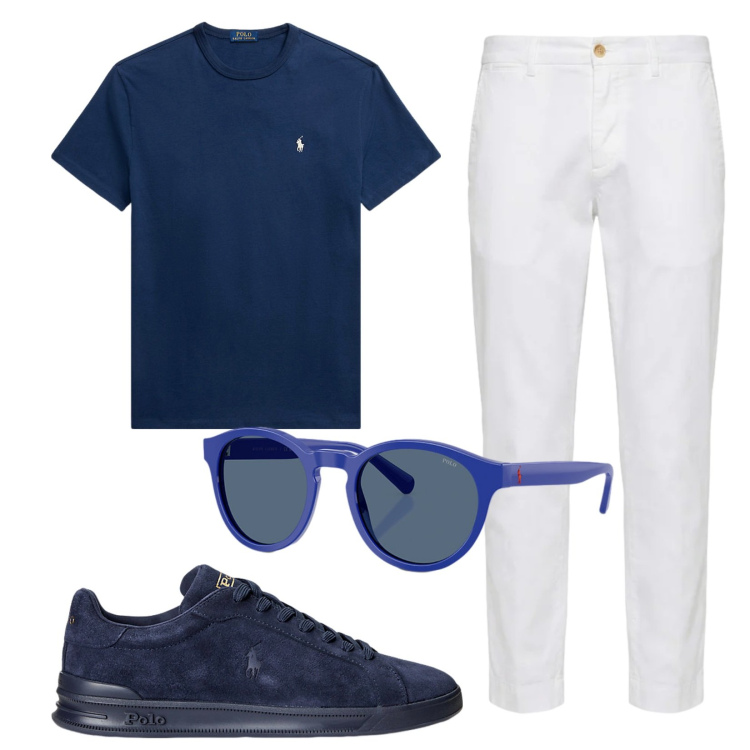 Outfit uomo - Total look #2416042. Stile Trendy per Tutti i giorni. Abbinamento con pantaloni chino, sneakers, t-shirt, occhiali da sole.