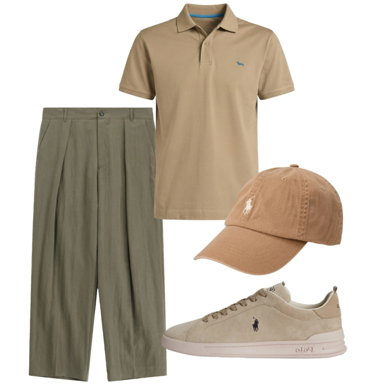 Outfit uomo - Dandy con le pinces. Stile Casual per Tutti i giorni. Abbinamento con pantaloni, polo, cappelli con visiera, sneakers.