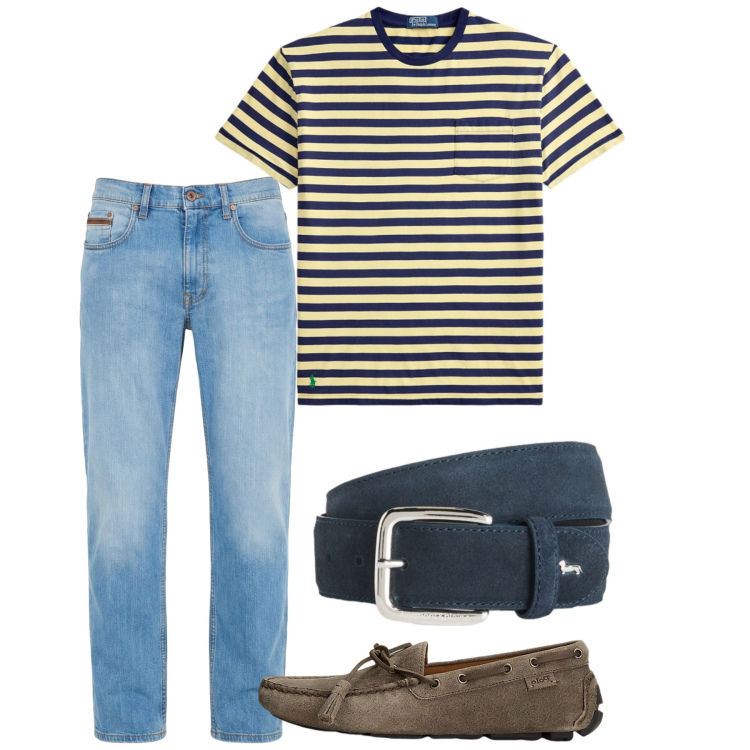 Outfit uomo - Giugno. Stile Casual per Tutti i giorni. Abbinamento con jeans, cinture, scarpe stringate, t-shirt.
