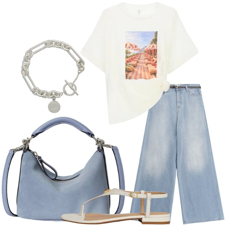 Outfit donna - Less Straps, More Style. Stile Casual chic per Tutti i giorni. Abbinamento con t-shirt, jeans, sandali in pelle, borse a spalla, braccialetti.