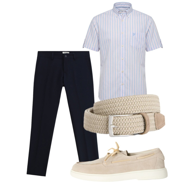 Outfit uomo - Giugno. Stile Casual per Tutti i giorni. Abbinamento con pantaloni, scarpe stringate, cinture, camicie a manica corta.