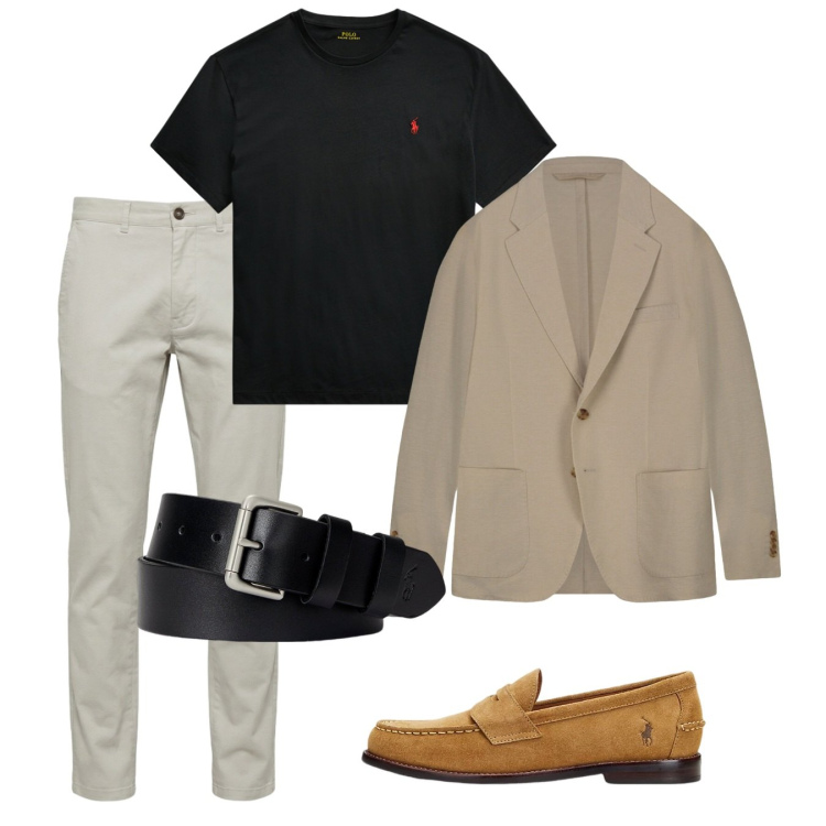 Outfit uomo - Giugno raffinato. Stile Casual per Tutti i giorni. Abbinamento con pantaloni, giacche, cinture, scarpe stringate, t-shirt.