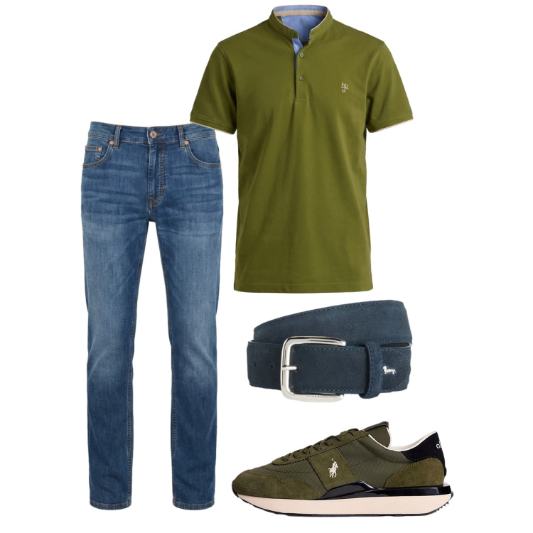 Outfit uomo - Colori mediterranei. Stile Casual per Tutti i giorni. Abbinamento con cinture, jeans, polo, sneakers.