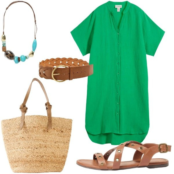 Outfit donna - Summer mood. Stile Boho per Tutti i giorni. Abbinamento con vestiti chemisier, sandali, shopping bag, cinture, collane.
