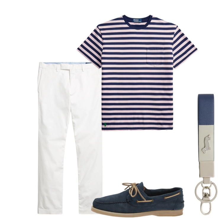 Outfit uomo - Giugno. Stile Casual per Tutti i giorni. Abbinamento con portachiavi, scarpe stringate, pantaloni chino, t-shirt.