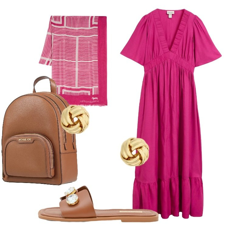Outfit donna - Abiti fluidi sotto il sole Donna Curvy. Stile Basic per Tutti i giorni. Abbinamento con zaini, vestiti lunghi, sandali gioiello, sciarpe, orecchini.