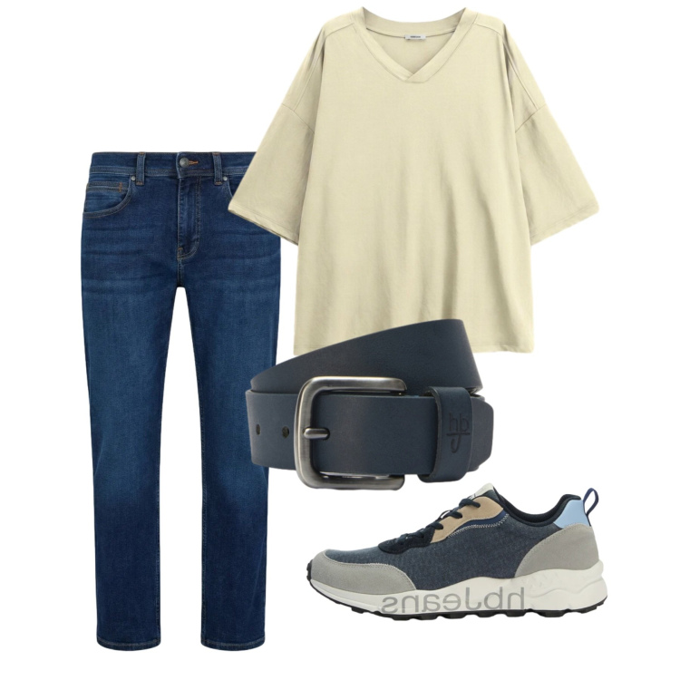 Outfit uomo - Giugno. Stile Casual per Tutti i giorni. Abbinamento con t-shirt, jeans dritti, sneakers, cinture.