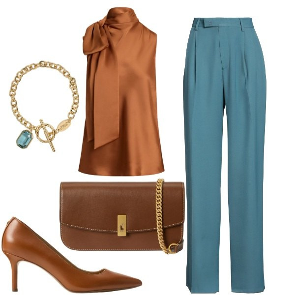 Outfit donna - Cena importante. Stile Chic per Serata fuori. Abbinamento con pantaloni, décolleté, clutch, bluse, braccialetti.