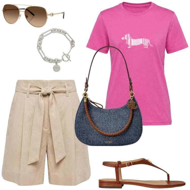 Outfit donna - Il casual chic in estate. Stile Casual chic per Tutti i giorni. Abbinamento con t-shirt, bermuda, braccialetti, occhiali da sole, sandali in pelle, borse a spalla.