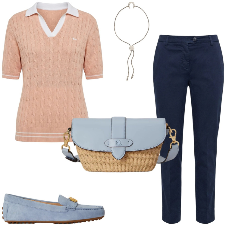 Outfit donna - Il preppy style in estate. Stile Preppy per Tutti i giorni. Abbinamento con polo, pantaloni, braccialetti con ciondoli, borse a spalla, mocassini.