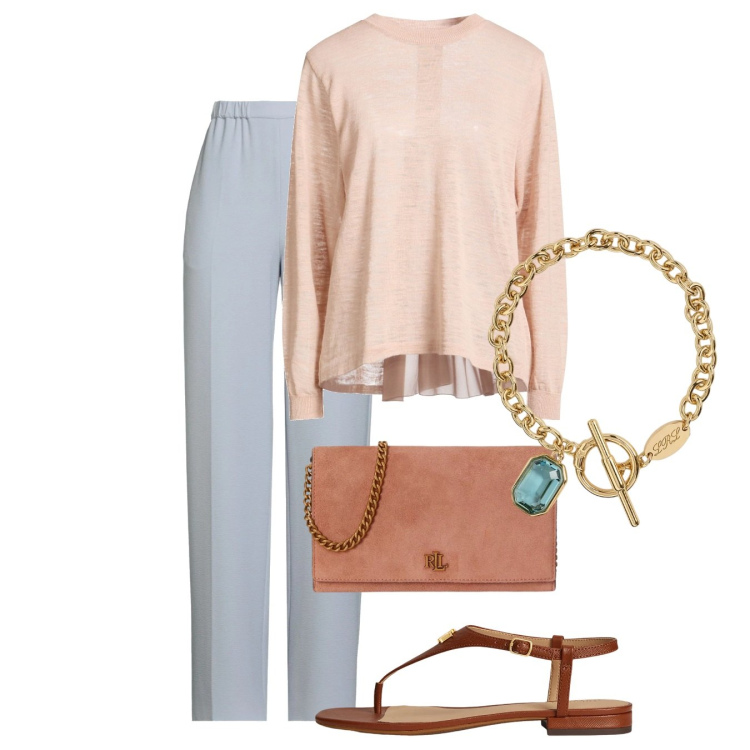 Outfit donna - Pesca e polvere. Stile Minimal per Tutti i giorni. Abbinamento con pantaloni, pullovers, sandali in pelle, braccialetti, borse a tracolla.