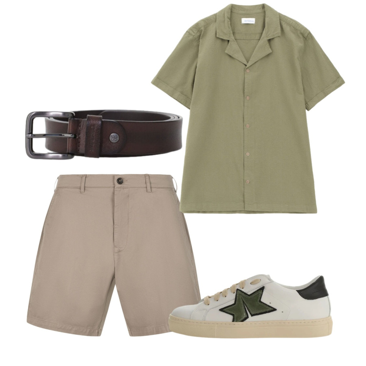 Outfit uomo - Giugno. Stile Casual per Tutti i giorni. Abbinamento con camicie a manica corta, sneakers, cinture, bermuda.