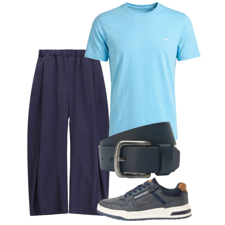 Outfit uomo - Tonalità marine. Stile Casual per Tutti i giorni. Abbinamento con sneakers, pantaloni, t-shirt, cinture.