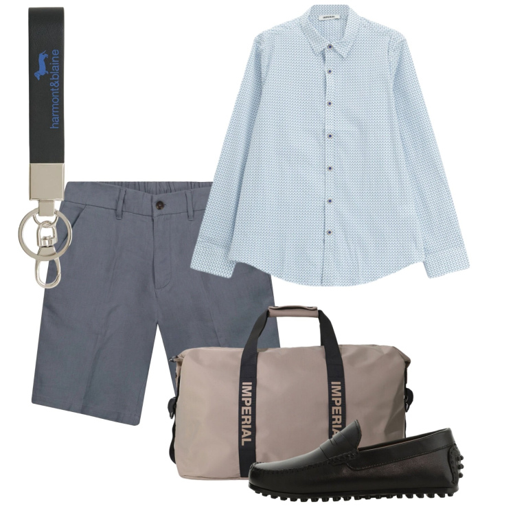 Outfit uomo - Weekend. Stile Casual per Tutti i giorni. Abbinamento con scarpe stringate, borse sportive, camicie, portachiavi, bermuda.