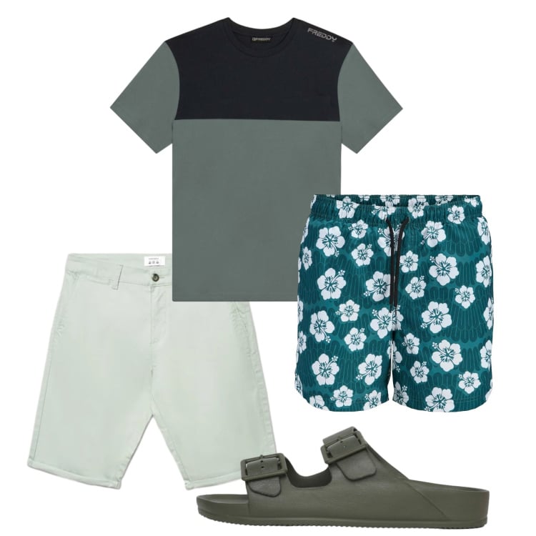 Outfit uomo - Verde mare. Stile Casual per Mare. Abbinamento con costumi, shorts, sandali, t-shirt.