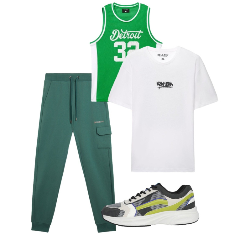 Outfit uomo - Sport. Stile Casual per Sport. Abbinamento con sneakers, shorts, t-shirt, pantaloni cargo.