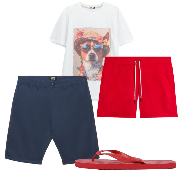 Outfit uomo - Mare. Stile Casual per Tutti i giorni. Abbinamento con pantaloni corti, sandali, t-shirt, costumi.