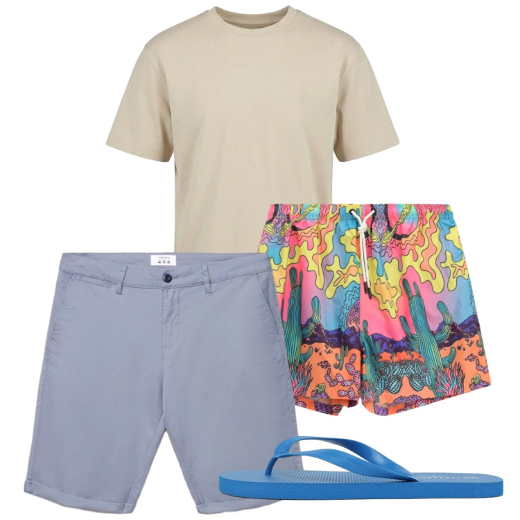Outfit uomo - Colori per il costume. Stile Casual per Tutti i giorni. Abbinamento con shorts, sandali, cinture, t-shirt.