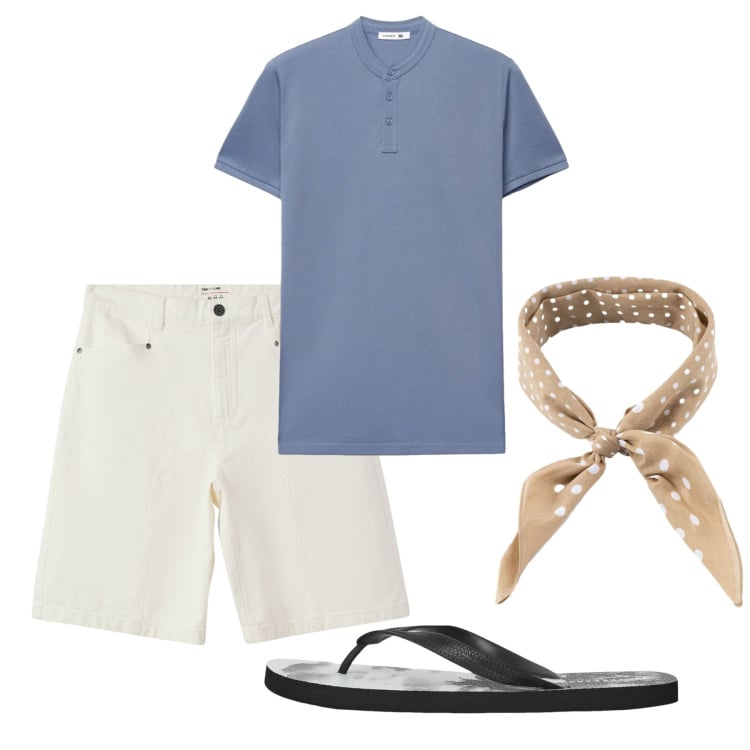 Outfit uomo - Giugno. Stile Casual per Tutti i giorni. Abbinamento con bermuda, sandali, polo, sciarpe e foulard.