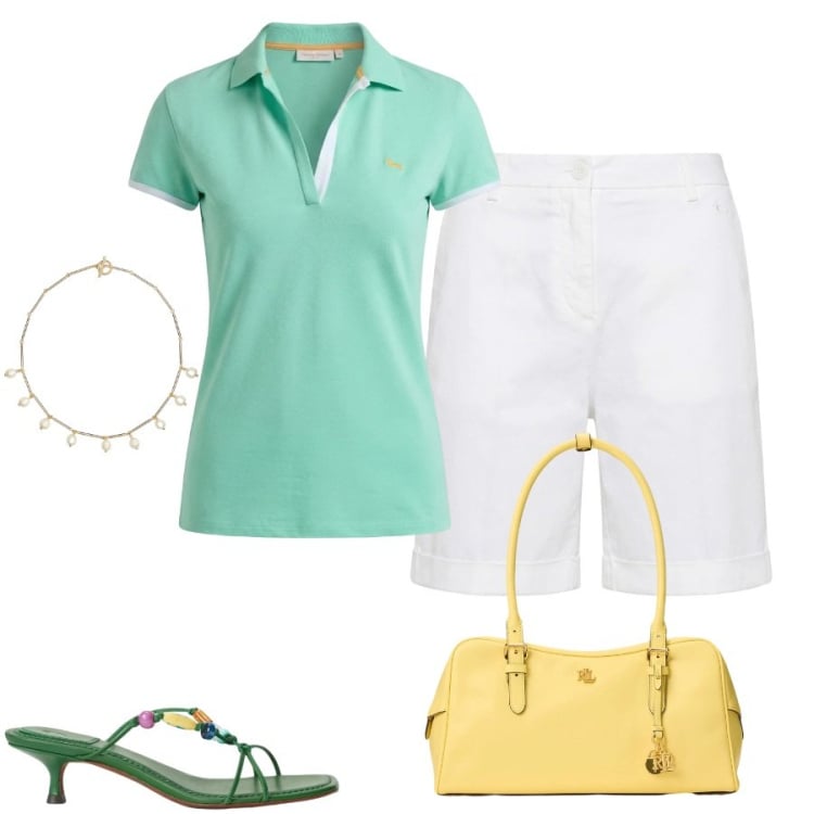 Outfit donna - Total look #2416093. Stile Casual chic per Tutti i giorni. Abbinamento con polo, bermuda, borse a mano, sandali gioiello, collane.