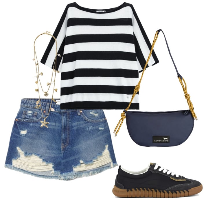 Outfit donna - Passeggiando lungomare. Stile Casual per Mare. Abbinamento con shorts, collane, borse a tracolla, top, sneakers.