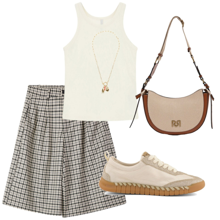Outfit donna - Passeggiata. Stile Casual chic per Tutti i giorni. Abbinamento con bermuda, borse a tracolla, top, ciondoli, sneakers.