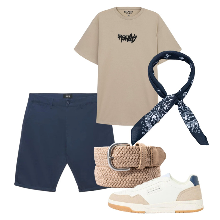 Outfit uomo - Il foulard iconico. Stile Casual per Tutti i giorni. Abbinamento con sneakers, t-shirt, pantaloni corti, cinture, sciarpe e foulard.