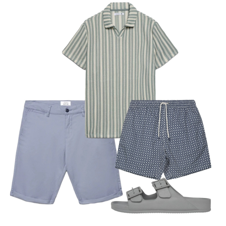 Outfit uomo - Sobrietà in spiaggia. Stile Casual per Tutti i giorni. Abbinamento con shorts, sandali, polo, costumi.