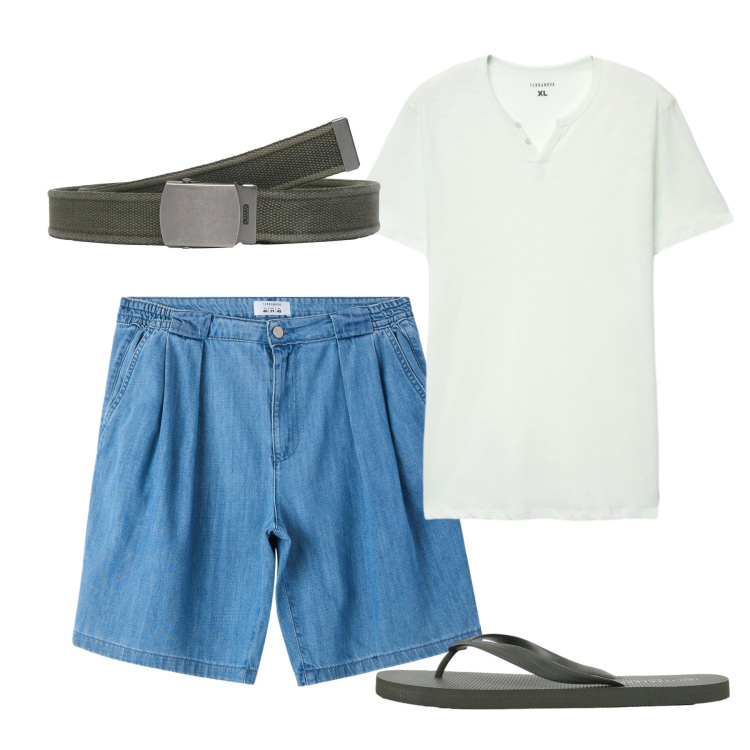 Outfit uomo - Estate piena. Stile Casual per Tutti i giorni. Abbinamento con shorts, cinture, sandali, t-shirt.