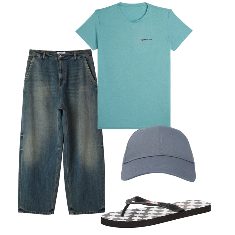 Outfit uomo - In vacanza. Stile Casual per Tutti i giorni. Abbinamento con sandali, cappelli con visiera, jeans, t-shirt.