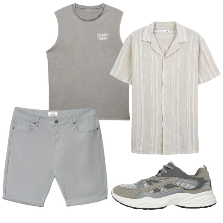 Outfit uomo - Casual grey. Stile Casual per Tutti i giorni. Abbinamento con camicie a manica corta, sneakers, bermuda, canottiere.
