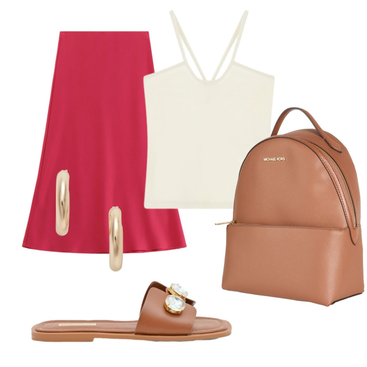 Outfit donna - Relax. Stile Minimal per Tutti i giorni. Abbinamento con zaini, gonne longuette, canottiere, sandali gioiello, orecchini.