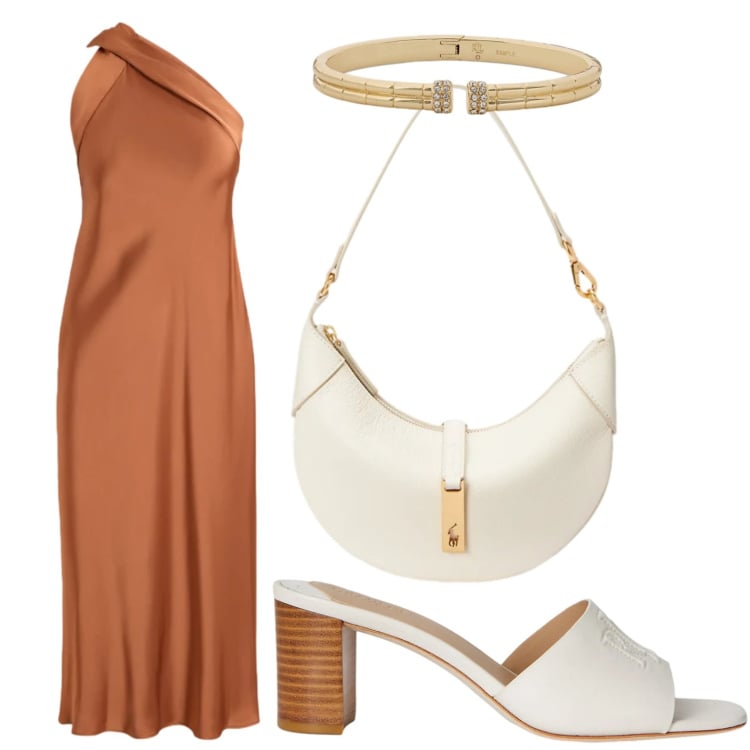 Outfit donna - Serata calda. Stile Chic per Serata fuori. Abbinamento con vestiti, sandali in pelle, borse a spalla, braccialetti.