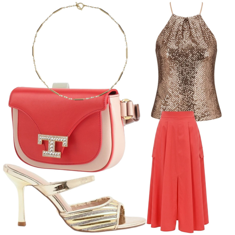 Outfit donna - Arancio e dorato d\'estate. Stile Glamour per Serata fuori. Abbinamento con marsupi, sabot, canottiere, gonne lunghe, collane.