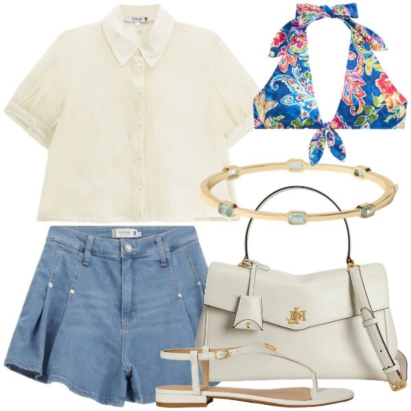 Outfit donna - il piacere delle cose semplici. Stile Glamour per Tutti i giorni. Abbinamento con shorts, camicie a manica corta, borse a mano, sandali in pelle, bikini, braccialetti.