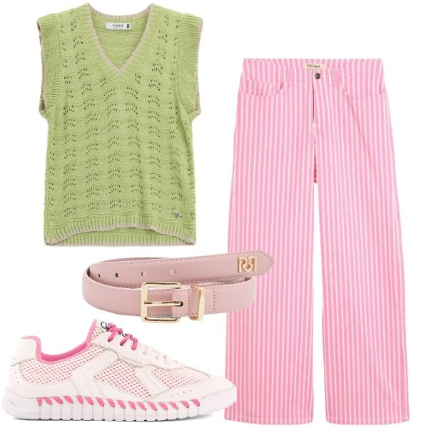 Outfit donna - Fragola e pistacchio. Stile Preppy per Scuola/Università. Abbinamento con pantaloni, cinture, top, sneakers.