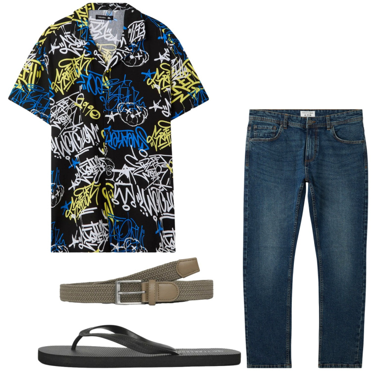 Outfit uomo - Total look #2416124. Stile Trendy per Tutti i giorni. Abbinamento con jeans, camicie a manica corta, cinture, sandali.