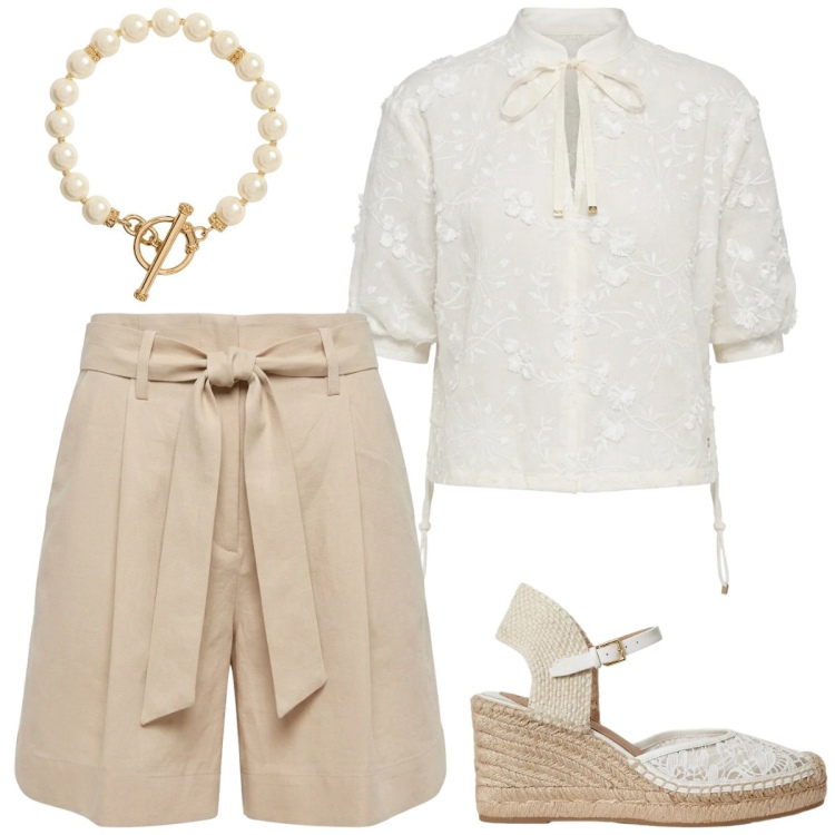 Outfit donna - Casual chic. Stile Casual chic per Tutti i giorni. Abbinamento con bluse, bermuda, espadrillas, collane.