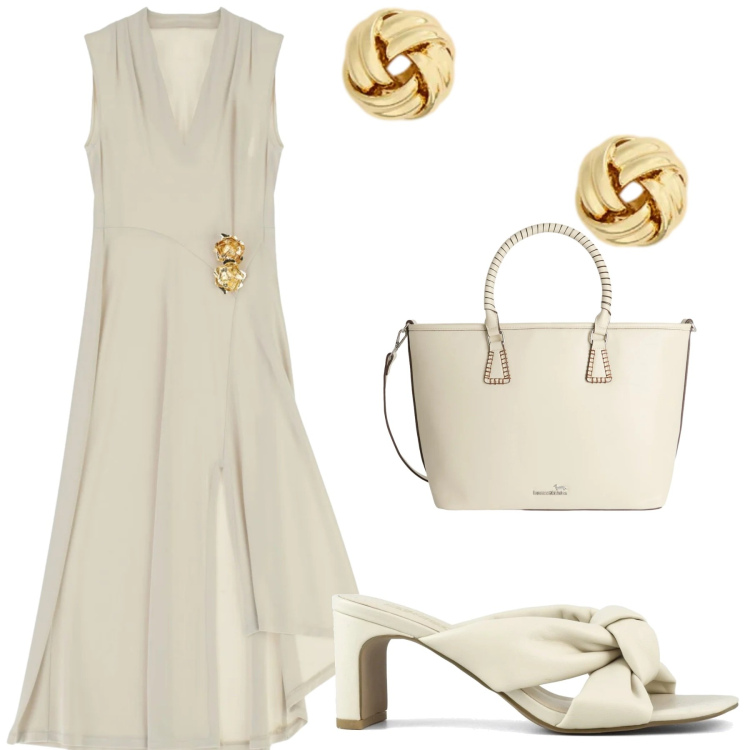Outfit donna - Vento d\'estate. Stile Chic per Tutti i giorni. Abbinamento con vestiti midi/longuette, shopping bag, orecchini, sandali col tacco.