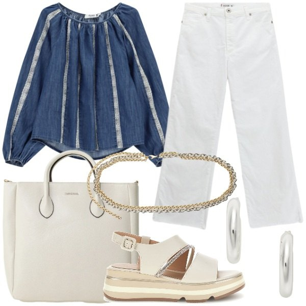 Outfit donna - mood Slow Pleasure. Stile Casual chic per Tutti i giorni. Abbinamento con borse a tracolla, bluse, jeans, cinture, orecchini, sandali col tacco.