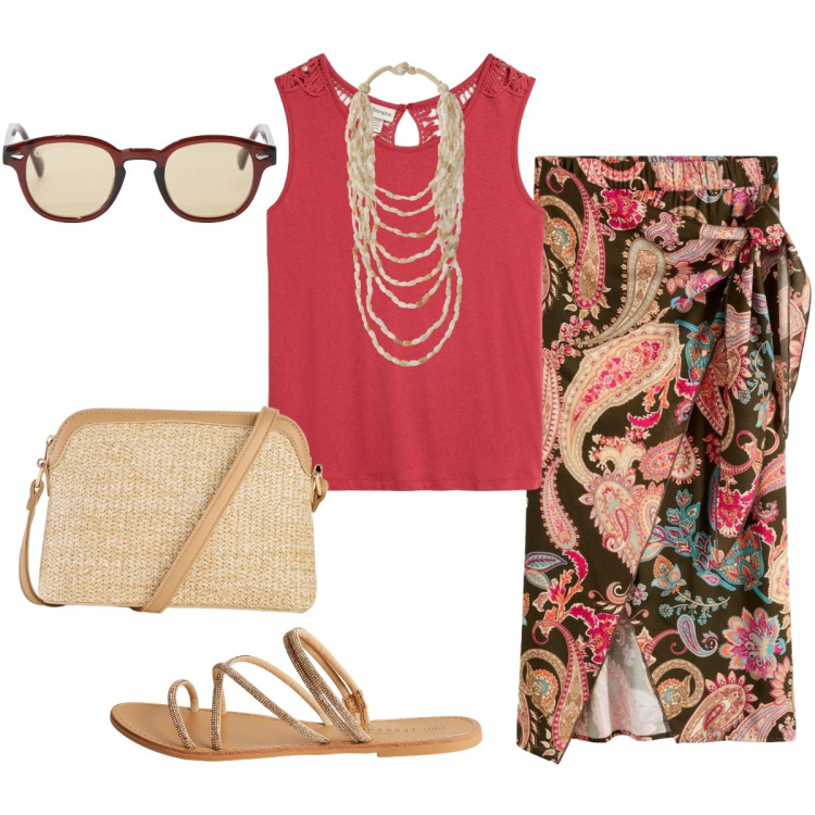 Outfit donna - Tonalità calde e vibranti in città. Stile Etnico per Tutti i giorni. Abbinamento con gonne longuette, top, borse a tracolla, sandali, occhiali da sole, collane.