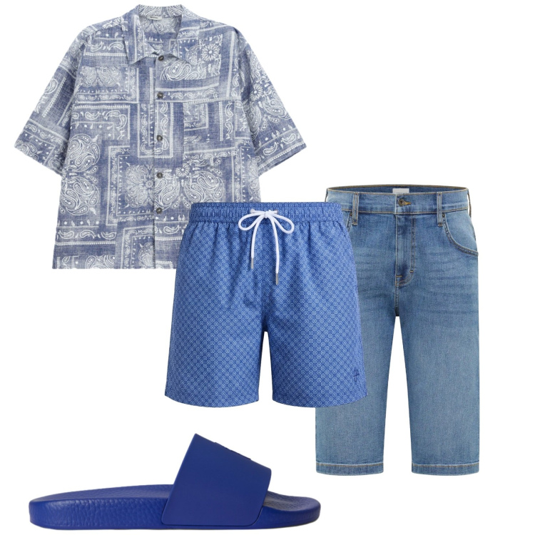 Outfit uomo - Total look #2416140. Stile Casual per Mare. Abbinamento con bermuda, camicie a manica corta, costumi, sandali.