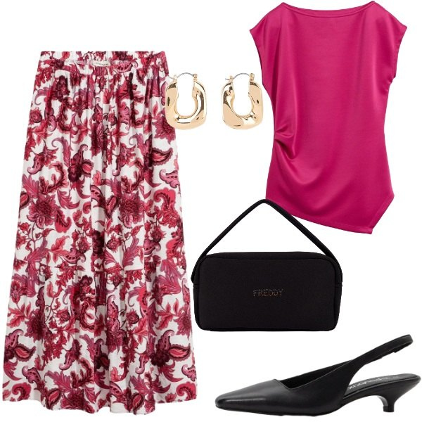 Outfit donna - Fantasia floreale. Stile Romantica per Tutti i giorni. Abbinamento con gonne lunghe, orecchini, décolleté, top, borse a mano.